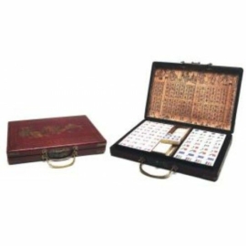 Mah Jong készlet bambusz/csont kövekkel, vörös díszdobozban 31x21 cm- 720425