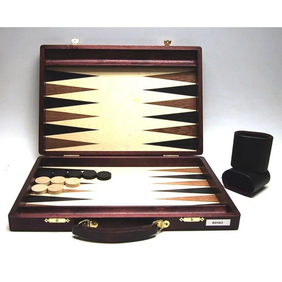 Backgammon sötétbarna fa fogantyúval, intarziás, 38x26 cm-es - 601163